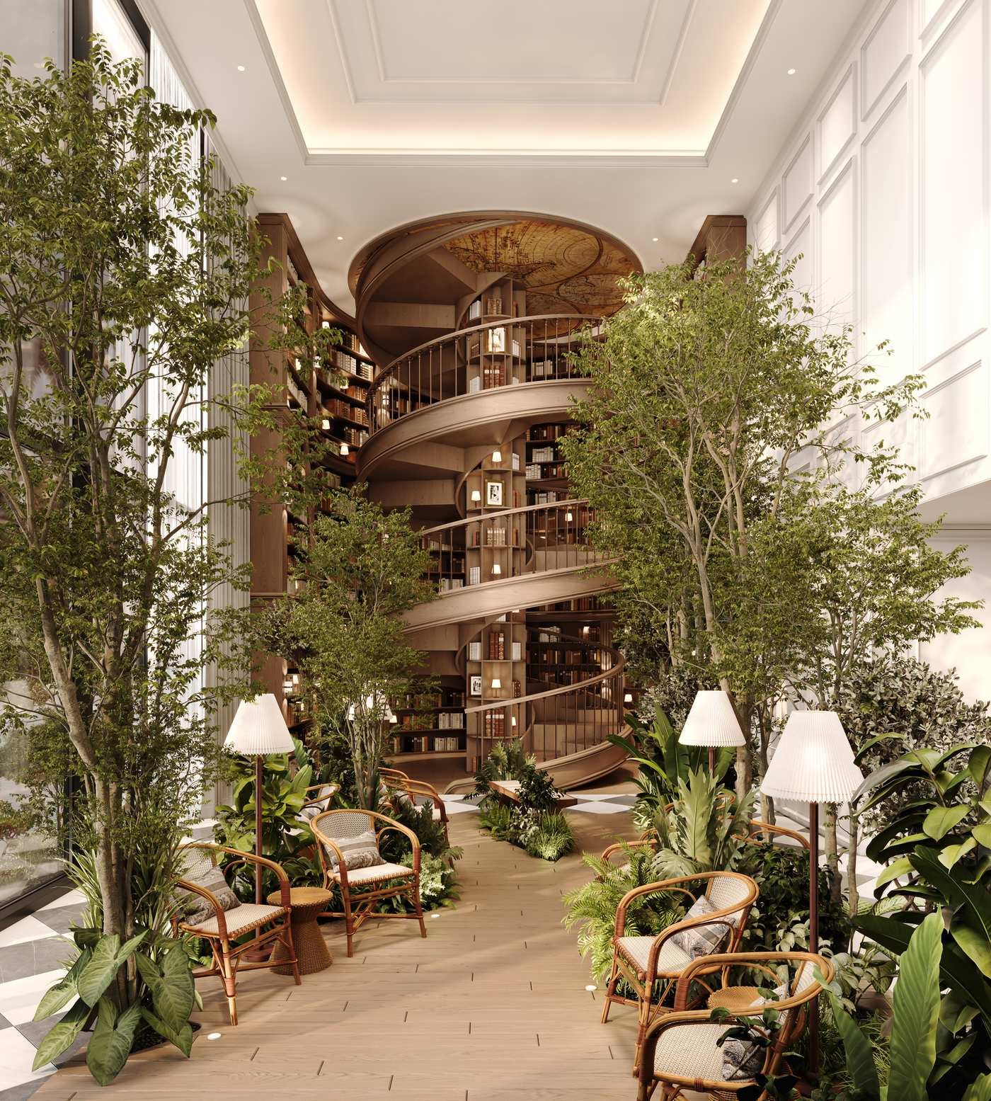 Library and spiral staircase